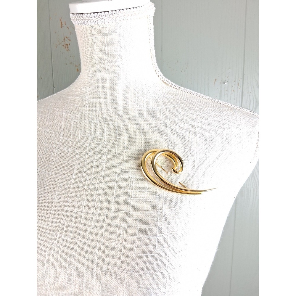 Vintage Givenchy Gold Tone Swirl Brooch 3.5in Scarf Pin 80s Modernist Abstract